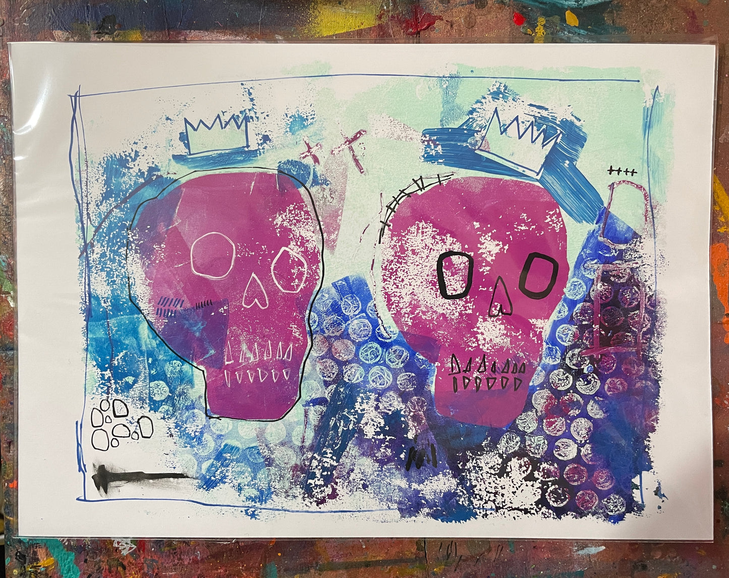 Crowned Skulls - original gel plate print