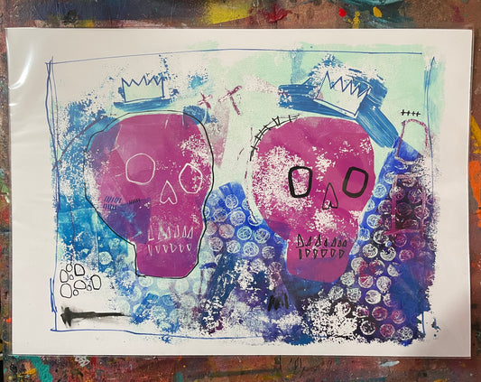 Crowned Skulls - original gel plate print