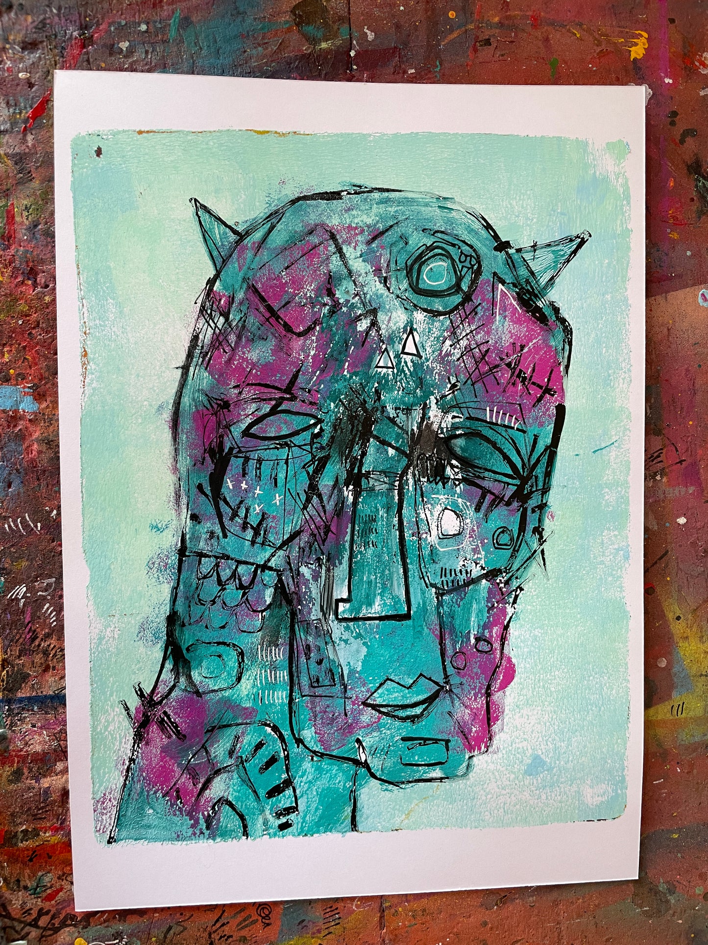 Imp head study- original gelli plate print