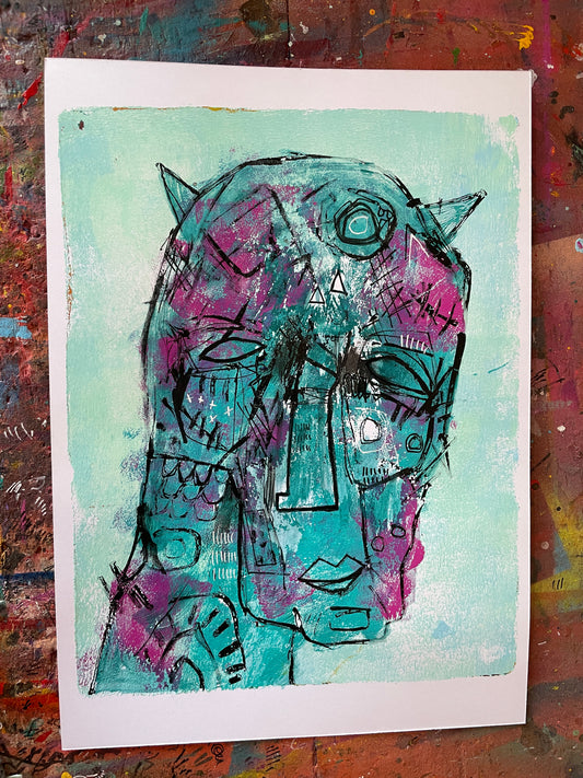 Imp head study- original gelli plate print