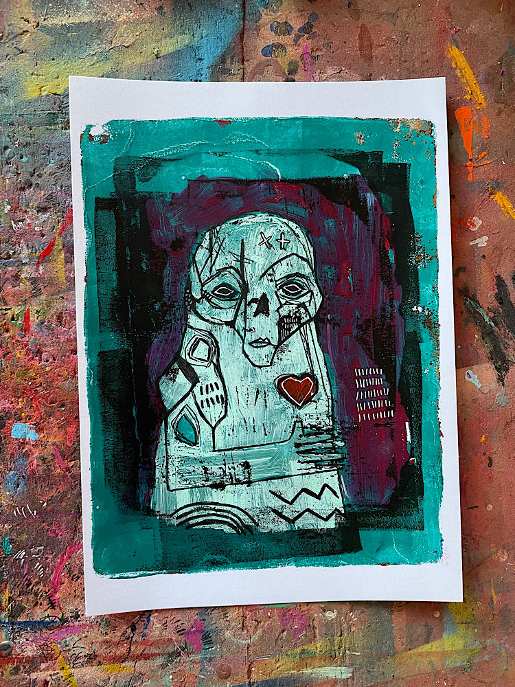 Skeletal figure - original gelli plate print