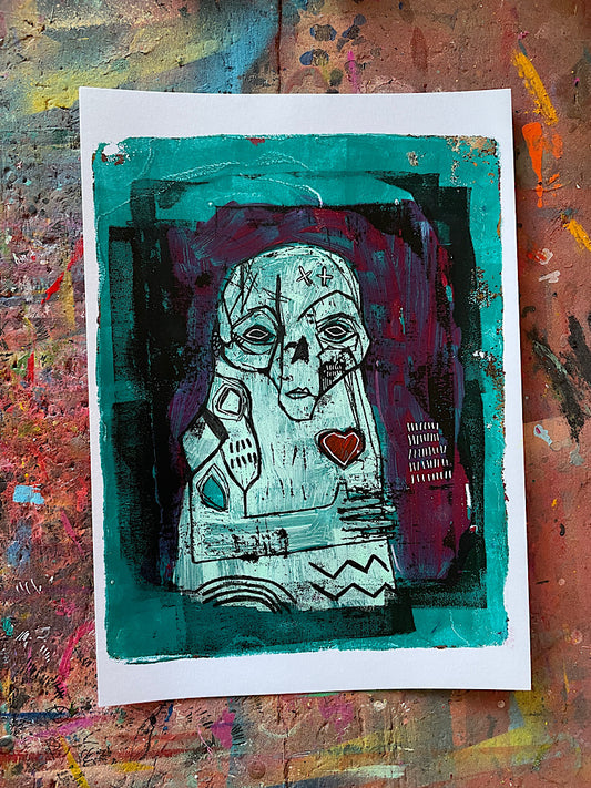 Skeletal figure - original gelli plate print