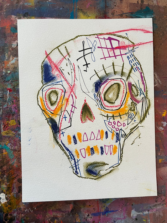 Pastel and marker Skull Drawing on 9x12” 300gsm watercolour paper