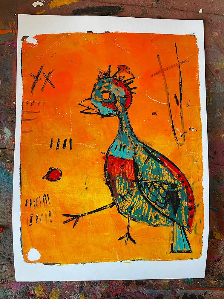 Rooster - original gelli plate print